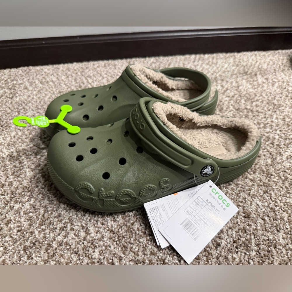 CROCS Olive Green Fuzzy Lined Slippers